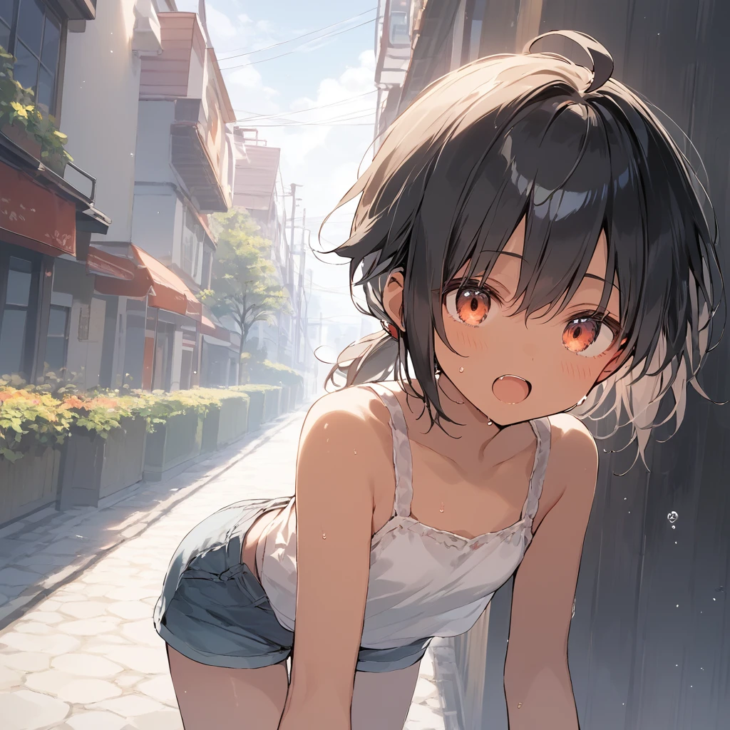 score_9, score_8_up, score_7_up, source_anime, best quality, masterpiece, official art, absurdres, highres, ultra-detailed,waifu2x,Collection: Slice of Life,break,1girl, tomboy, dark-skinned female, short hair, low ponytail, flat chest,  beautiful detailed eyes, short shorts, sweat, open mouth, (yawn:0.3), sleepily, outdoors, wind, break,(clear line illustration:1.2),very high resolution, very aesthetic, super detailed skin, Best sexual lighting powered by famous artist, 8k,cute picture,beauty illustration,photoshop_(medium),,(Detailed Lighting),best anime 8k konachan wallpaper, pixiv contest winner, 
