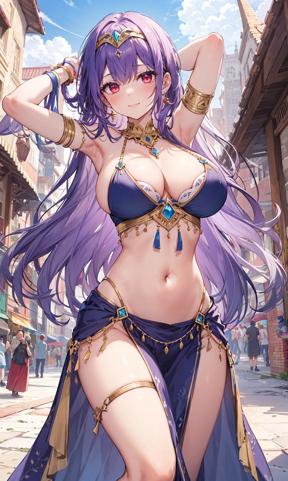 high quality, ultra detailed, best quality, insanely detailed, beautiful, masterpiece, 1girl, medieval plaza, cowboy shot, red eyes, long hair, purple hair, belly dancer, circlet, earrings, armlets, bracelets, bashful smile, large breasts, cleavage, soft stomach