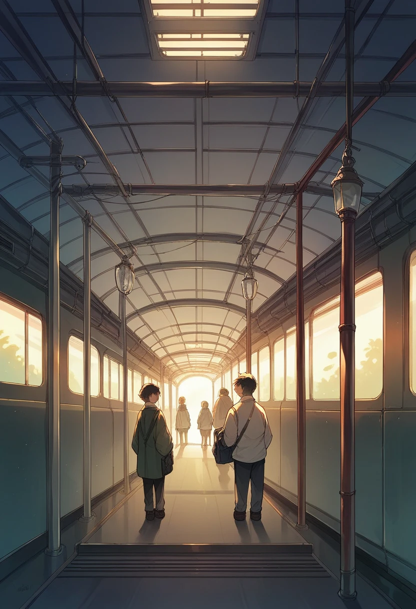 platform of a train station, UK, dusk, dim lighting, without people