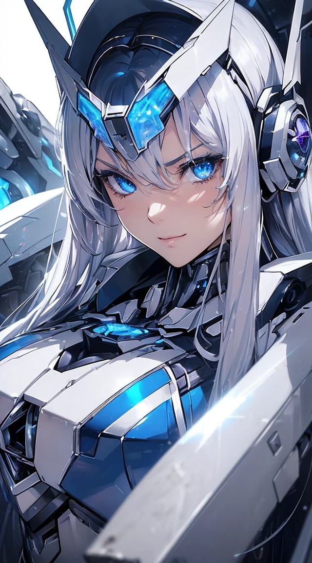 ((Extreme close up:1.6))、(((Lenses shining on both breasts:1.3)))、((Blue pillars of light radiate from both of his chests..:1.3))、break、(((Dynamic pose:1.8)))、smile、((8K)), ((32k)), ((Highest quality)), ((masterpiece)), ((超A high resolution)), ((Tmasterpiece)), ((Hello:1.4))、((Mechaニカルheadgear:1.2))、((Cyber headphones:1.3))Fine skin, High quality fabric, High-quality metal texture、((Beautiful and dense face))、RAW Photos、Professional, Ultra-fine painting, ((alone)), Beautiful breasts、Highest quality, Very detailed, Very detailed詳細, Finer details, so beautiful, ((Princess Knight Robot:1.2)),  (Joint of the machine, Mechanical Limbs:1.3), (The internal structure of the machine is exposed:1.3), (Long silver hair:1.1), (Beautiful and huge mechanical breasts)、White Veil, cowboy_shot, Side Focus, headgear, Shiny、(Five Fingers, Four fingers and thumb),Concept Art, Anime fantasy artwork, Detailed fantasy art, (with pale blue-violet hair and large white wings,,,,,,,,), (((Long silver hair))), (Mecha:1.6)、Sleek and intimidating design, ((Commander-in-Chief&#39;arm)), (Perfect robot body)、純白と青紫のarmまたは, Symmetrical wings, 8K High Resolution, Detailed Art, 3D rendering of character art in 8K, neat legs, Defined, Defined fingers,((headshot:1.3))