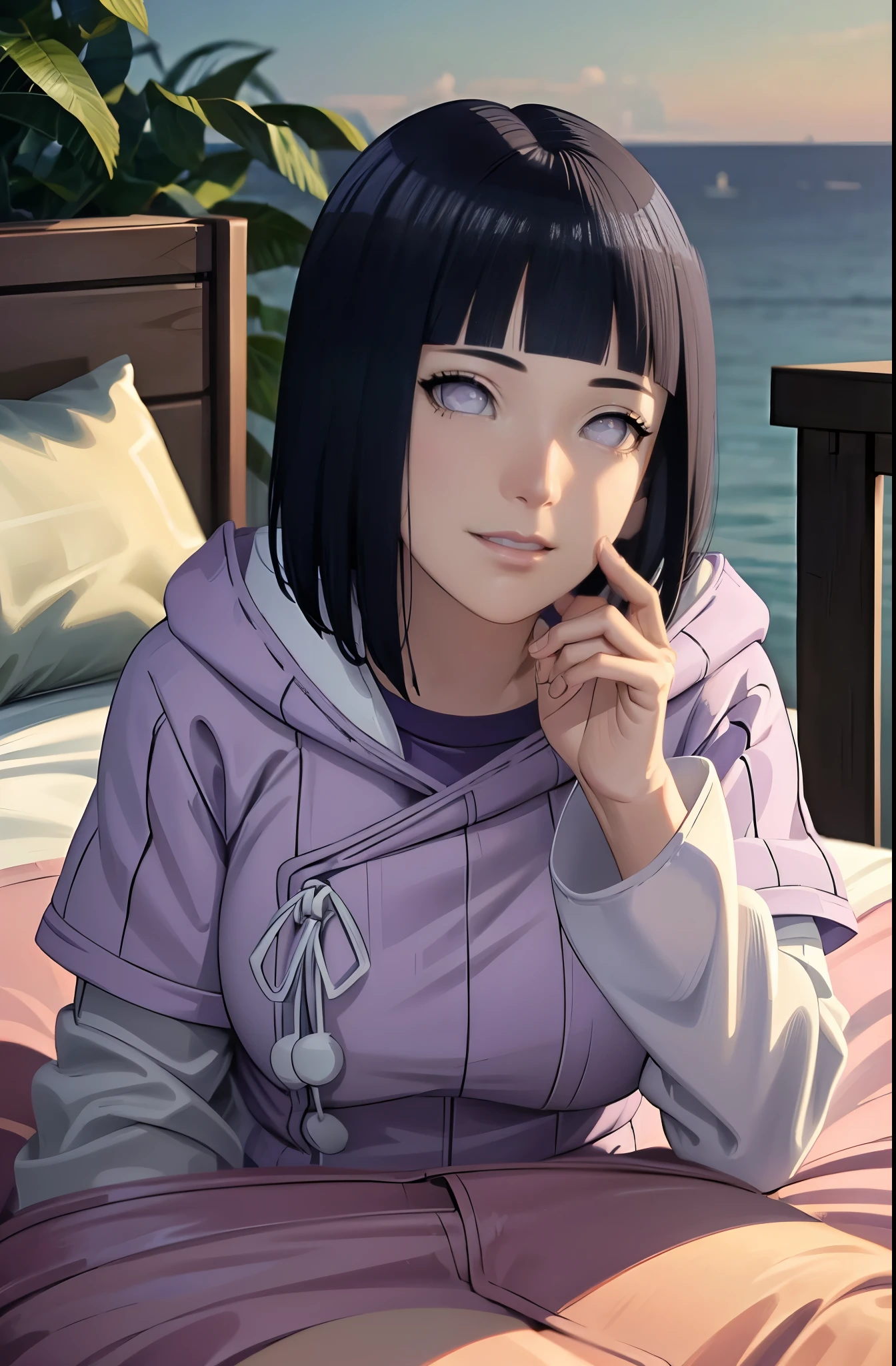 (best quality,4k,8k,highres,masterpiece:1.2),ultra-detailed,realistic,photorealistic:1.37,detailed eyes,beautiful detailed lips,pale.hinata hyuga wearing skintight hoodie, layered sleeve, perfect figure, attractive rounded breasts, naughty smile, puffy lips, posing in sunshine, outdoor , purple layered hoodie, relaxed brown pants, attractive, laying on bed, two girls