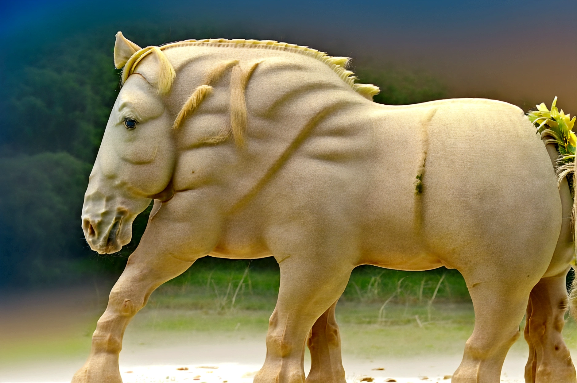 complete side view of horse. a big Belgian draft horse mare with very big bum. horse pulling open wagon. nude BBW African woman riding horse. dung pile under horse bum. raised tail. grass grass field. clear blue sky.