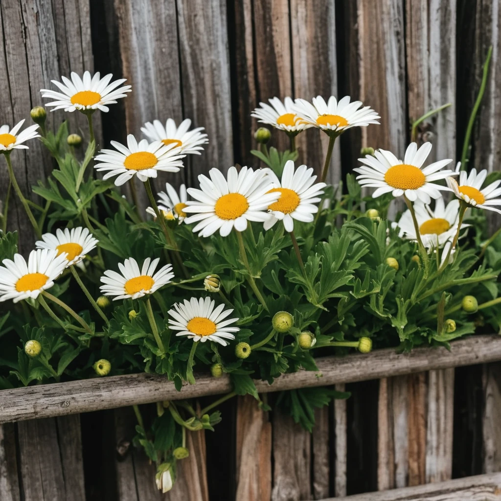 Close-up shot of daisies growing near a rustic wooden fence