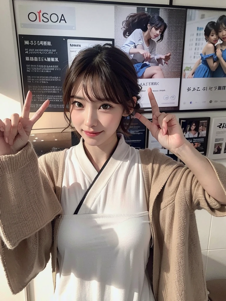 (masterpiece:1.3), (8K, Realistic, RAW Photos, Best image quality: 1.4), Japanese 、(Random Hairstyles:1.2)、Cleavage:1.2、Highly detailed face、Attention to detail、double eyelid、Chest to chest、Sharp focus:1.2、Beautiful woman:1.4、Light brown hair、Highest quality、masterpiece、Ultra-high resolution、(Realistic:1.4)、Highly detailed and professionally lit smiles、Loose, lightweight knitwear、Shoulder out、thin、Serious expression、Short-haired、Deadly position