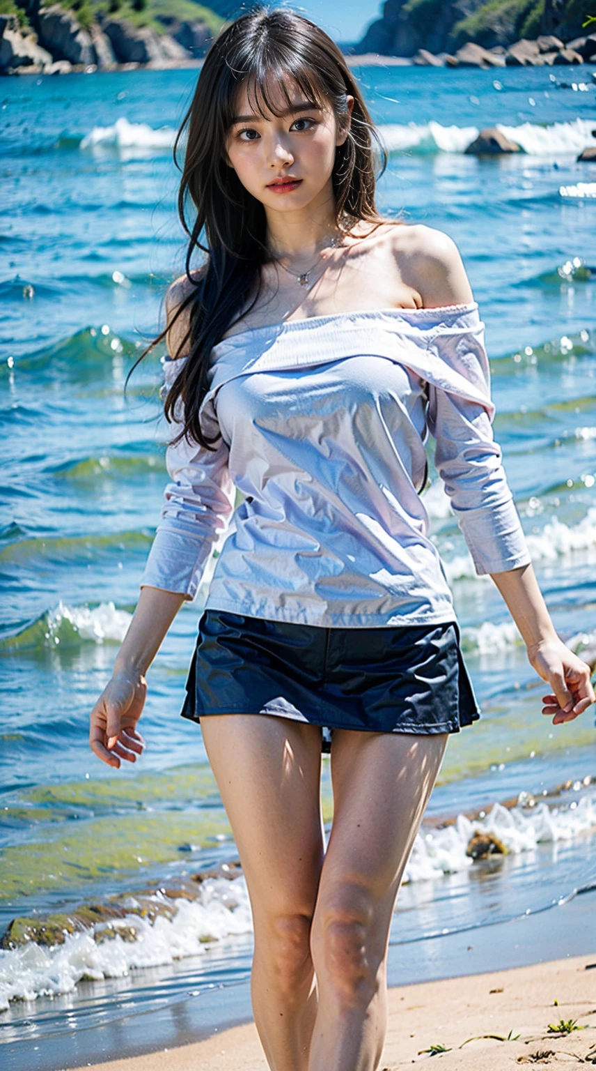 (8K、RAW Photos、Highest quality、masterpiece:1.2)、(Realistic、Photorealistic)、1 Girl、((Beach、Big Breasts、Off the shoulder、mini skirt、Sandals、Look forward、Are standing))、