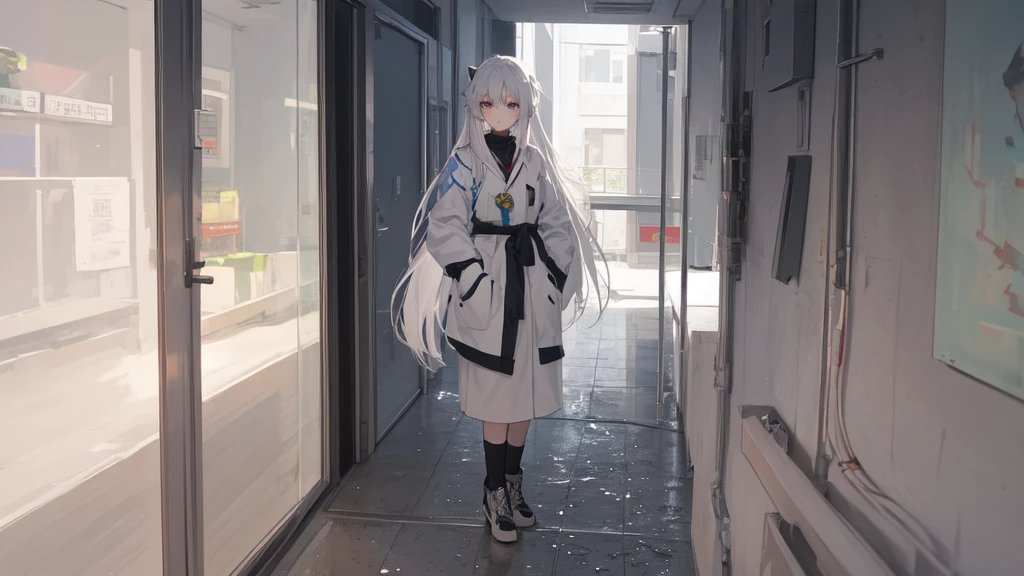 masterpiece:1.2), best quality , 独奏 ,pixiv, anime girl ,long straight white hair , black eyes ,Wearing off-white camouflage uniform ,ten years old,(Eyes looking into the distance:1.3),(look away:1.5),Girl standing in closed hospital corridor,