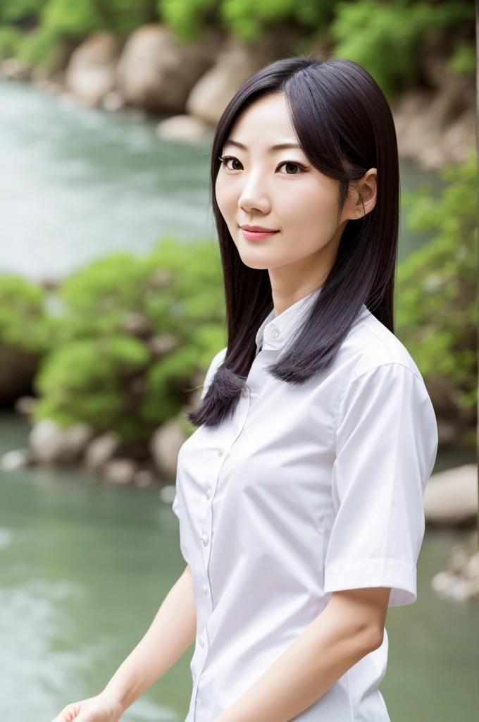 Skinny Japanese 40s woman, good wife, cute face, detailed face, detailed eyes, neat and clean, short-sleeve white shirt, walking along river, early summer, fine weather, clear sky, green fields, portrait