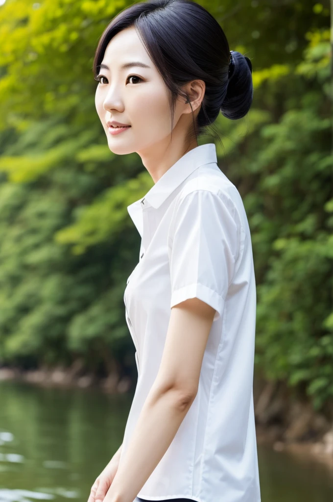 Skinny Japanese 40s woman, good wife, cute face, detailed face, detailed eyes, neat and clean, short-sleeve white shirt, walking along river, early summer, fine weather, clear sky, green fields, portrait