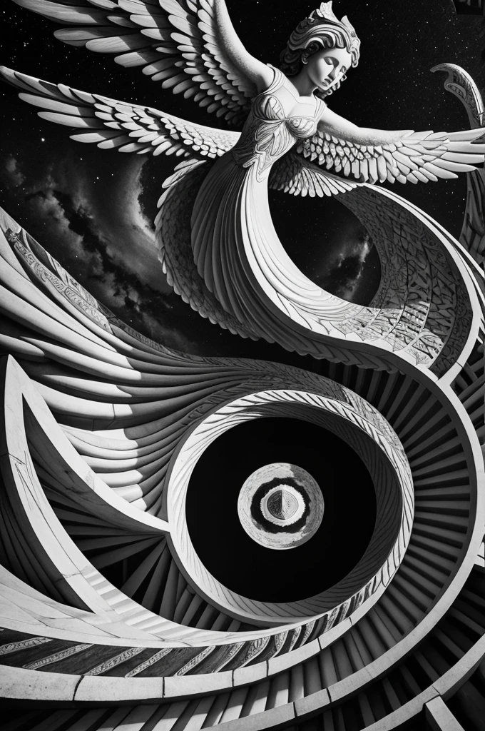 Black and white artistic composition with visual texture about a celestial angel inspired by the works of Mc Escher