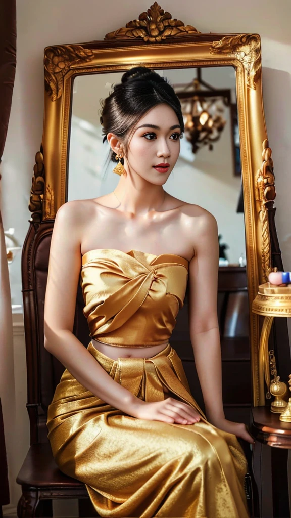 masterpiece, highest quality, HDR, high contrast, ((beautiful girl, Thai Female Soldier)), bun hair, highly detailed lips, detailed eyes, double eyelid, Make-up face. ((flchut thai dresses, strapless shirts)), just showing his face. pretty face. captivating. make-up face. long eyelashes, just showing his face. pretty face. captivating. make-up face. long eyelashes, just showing his face. pretty face. captivating. make-up face. long eyelashes, ((in front of the make-up mirror))