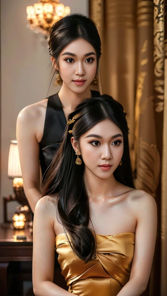 masterpiece, highest quality, HDR, high contrast, ((beautiful girl, Thai Female Soldier)), bun hair, highly detailed lips, detailed eyes, double eyelid, Make-up face. ((flchut thai dresses, strapless shirts)), just showing his face. pretty face. captivating. make-up face. long eyelashes, just showing his face. pretty face. captivating. make-up face. long eyelashes, just showing his face. pretty face. captivating. make-up face. long eyelashes, ((in front of the make-up mirror))