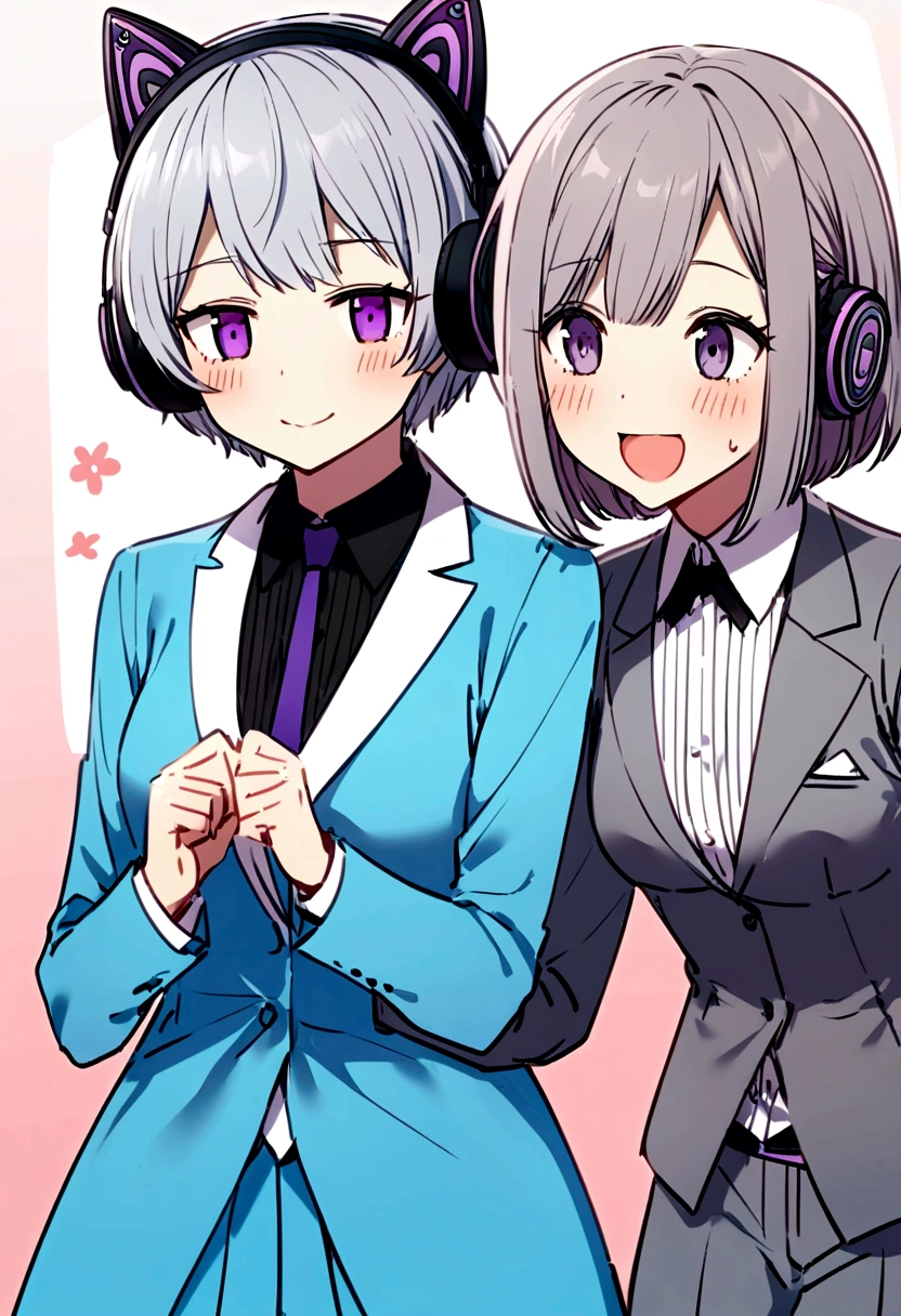 Purple Eyes,Happy expression,short-haired gray hair,Cyan and blue clothes,Campus JK,Wearing cat ear headphones Pink