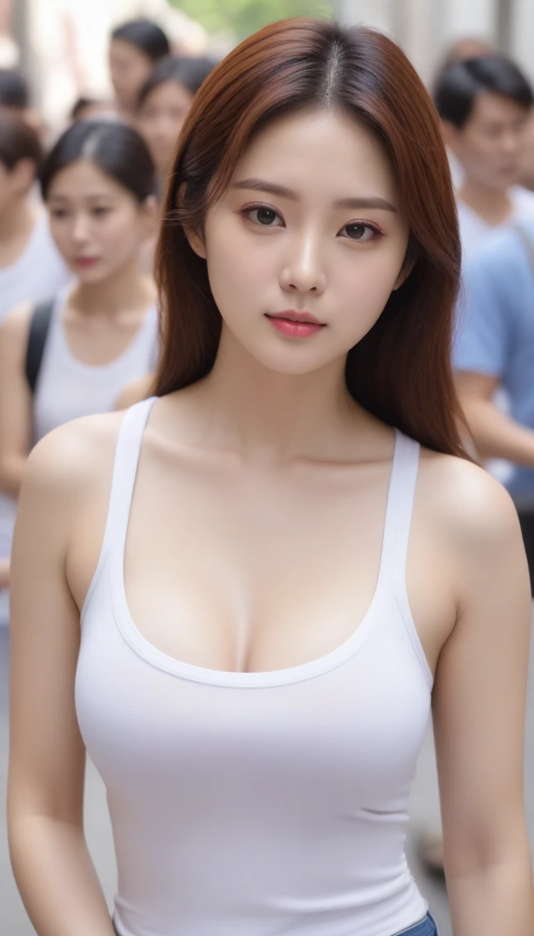 close-up of beautiful korean female, 34 inch breasts size, wearing tank top, holding sign blank, at the crowded, UHD