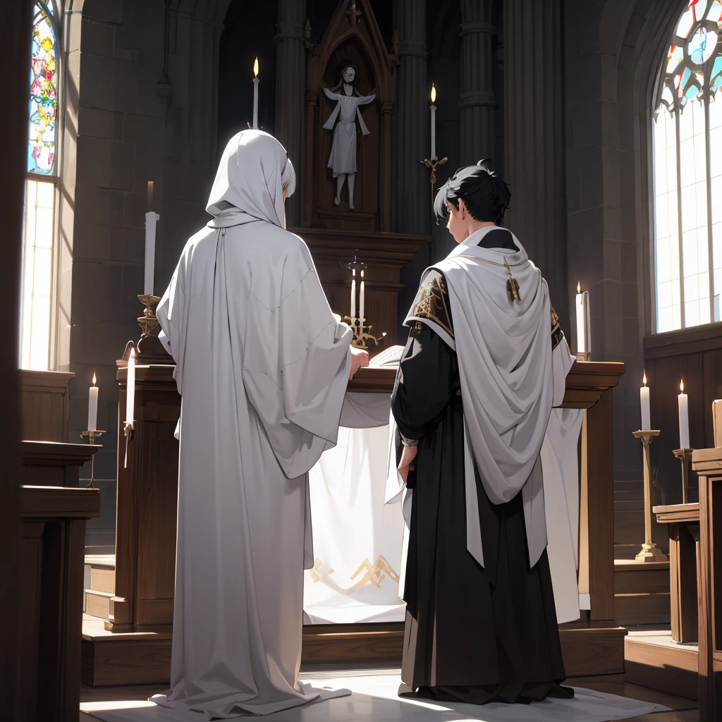 back view black hair boy with white medieval outfit in the altar