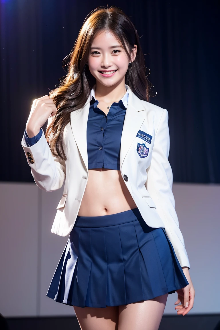 (8k), (highest quality: 1.2), (Realistic), (Realistic: 1.37), Ultra-high resolution, 1 girl, cute, (Embarrassed smile:1.2), (Blushing:1.4)Mouth closed, Beautiful details, Beautiful Nose, Wet Hair, Giant Dulcefo, pork, Thighs,Navel exposed,University Student Uniform,A simple blazer,Pleated skirt,Platform boots,Dancing on the school stage,(Shiny Thighs:1.2),Medium Shot
