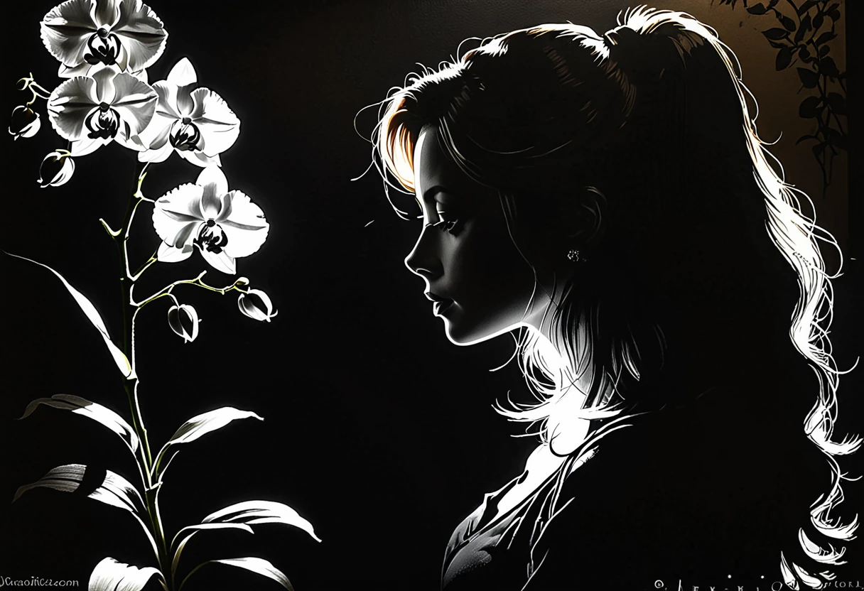 Artistic silhouette portrait, sketch, breathtaking portrait of a gorgeous woman, shadow art, play of light, close-up, hyper-realistic image of a woman leaning towards poisonous, otherworldly orchids, each flower emitting an eerie glow, symbolizing the connection between nature and dark enchantment. Extremely realistic, shot in RAW format. painting in the style of Anders Zorn, Alexi Brilo, Luisa Royo, Studio Ghibli Genshin Impact