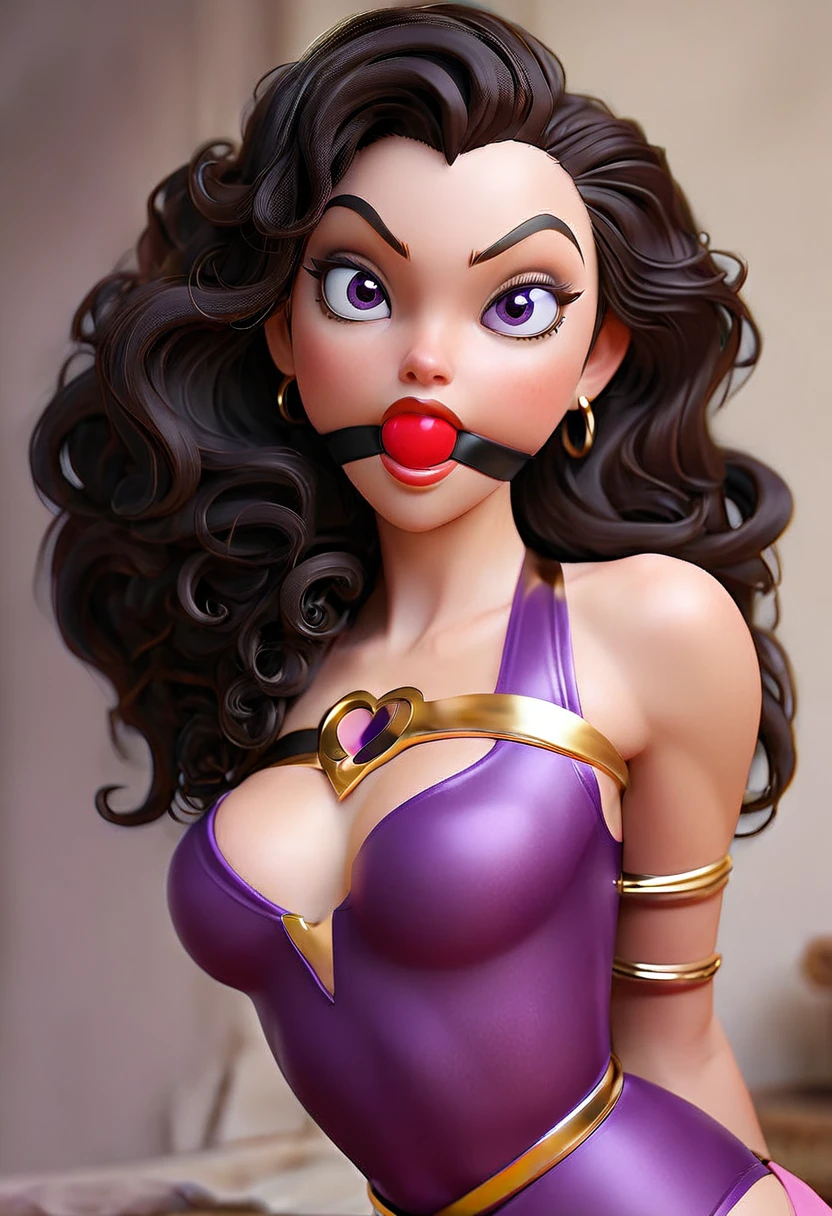 (best quality,4k,8k,highres,masterpiece:1.2),ultra-detailed,(realistic,photorealistic,photo-realistic:1.37) A sexy beautiful female supervillian who is a demigoddess , purple eyes and dark purple curly hair. She wears a skin tight pink sleeveless leotard, with a loincloth with a heart shaped symbol , she has gold bracelets high resolution portrait photography by artgerm, in the style of realism, glistening skin,natural lighting, Defined full lips. feminine body (color) + gag 