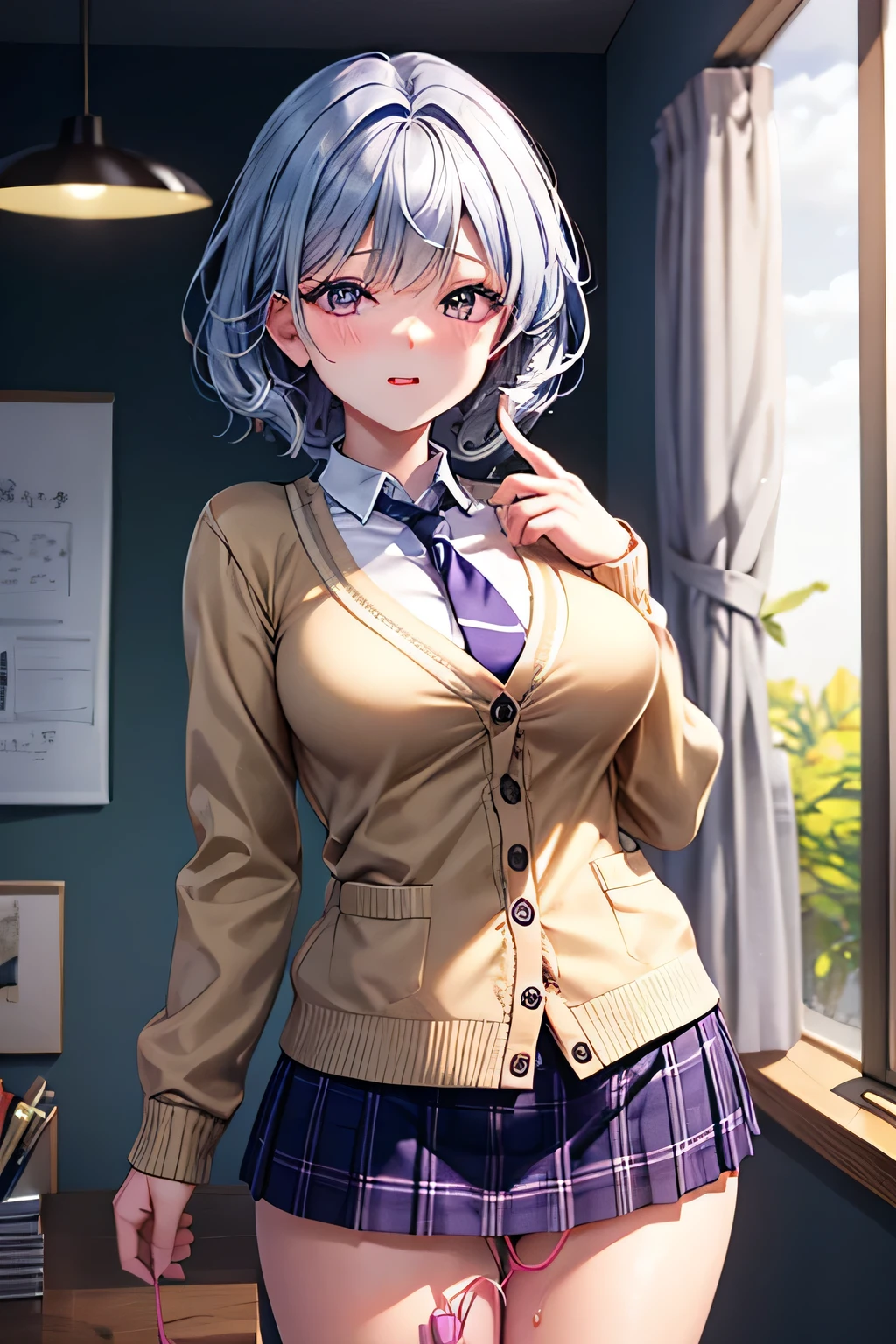 (Very detailed CG Unity 8K wallpaper),(masterpiece), (Highest quality), (Very detailed), (Best illustrations),(Best Shadow), Dynamism,Large Breasts,,Purple eyes and purple very short hair,,White blouse,Blue tie,Checked mini skirt,beige cardigan,ahegao, vibrator in ニーソックス