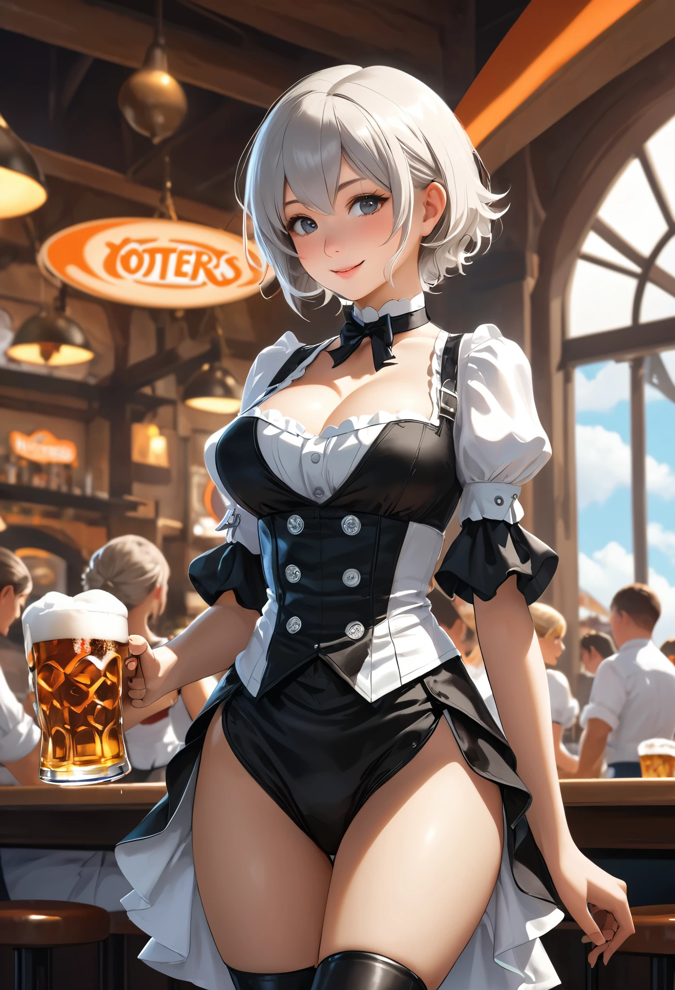 Realistic, Masterpiece, Top Quality, (Detailed Eyes), One High  Girl, Huge breast, Sweat, night, outdoor, bustling restaurant, micro bikini tucked in, string only micro bikini, Wet Face, Wet Body, ponytail, earrings,  white apron,  puffy short sleeves, between breasts, small tray, mole on breast, center opening,  bow tie, pelvis curtain, (wide hips), (grin :1.1)