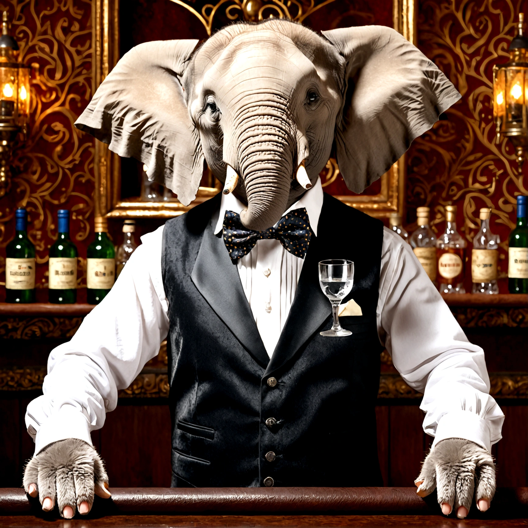 a baby elephant bartender wearing a bowtie and waistcoat, holding a water glass, detailed portrait, highly detailed facial features, realistic fur textures, detailed hands and fingers, ornate bar interior with bottles and glasses, studio lighting, cinematic composition, photorealistic, 8k, masterpiece