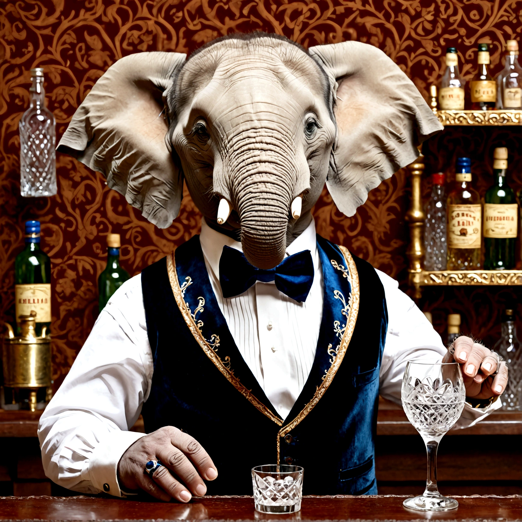 a baby elephant bartender wearing a bowtie and waistcoat, holding a water glass, detailed portrait, highly detailed facial features, realistic fur textures, detailed hands and fingers, ornate bar interior with bottles and glasses, studio lighting, cinematic composition, photorealistic, 8k, masterpiece