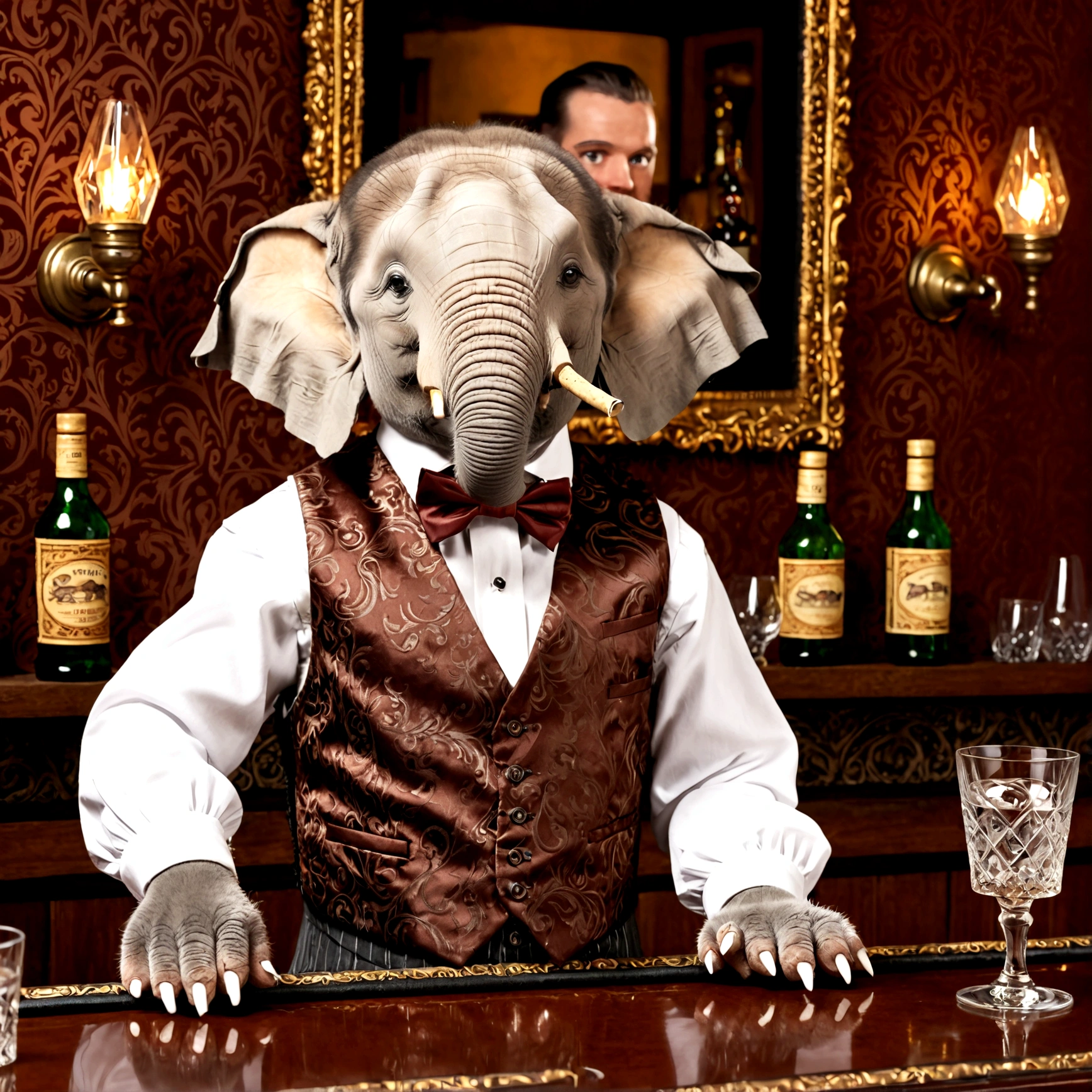 a baby elephant bartender wearing a bowtie and waistcoat, holding a water glass, detailed portrait, highly detailed facial features, realistic fur textures, detailed hands and fingers, ornate bar interior with bottles and glasses, studio lighting, cinematic composition, photorealistic, 8k, masterpiece