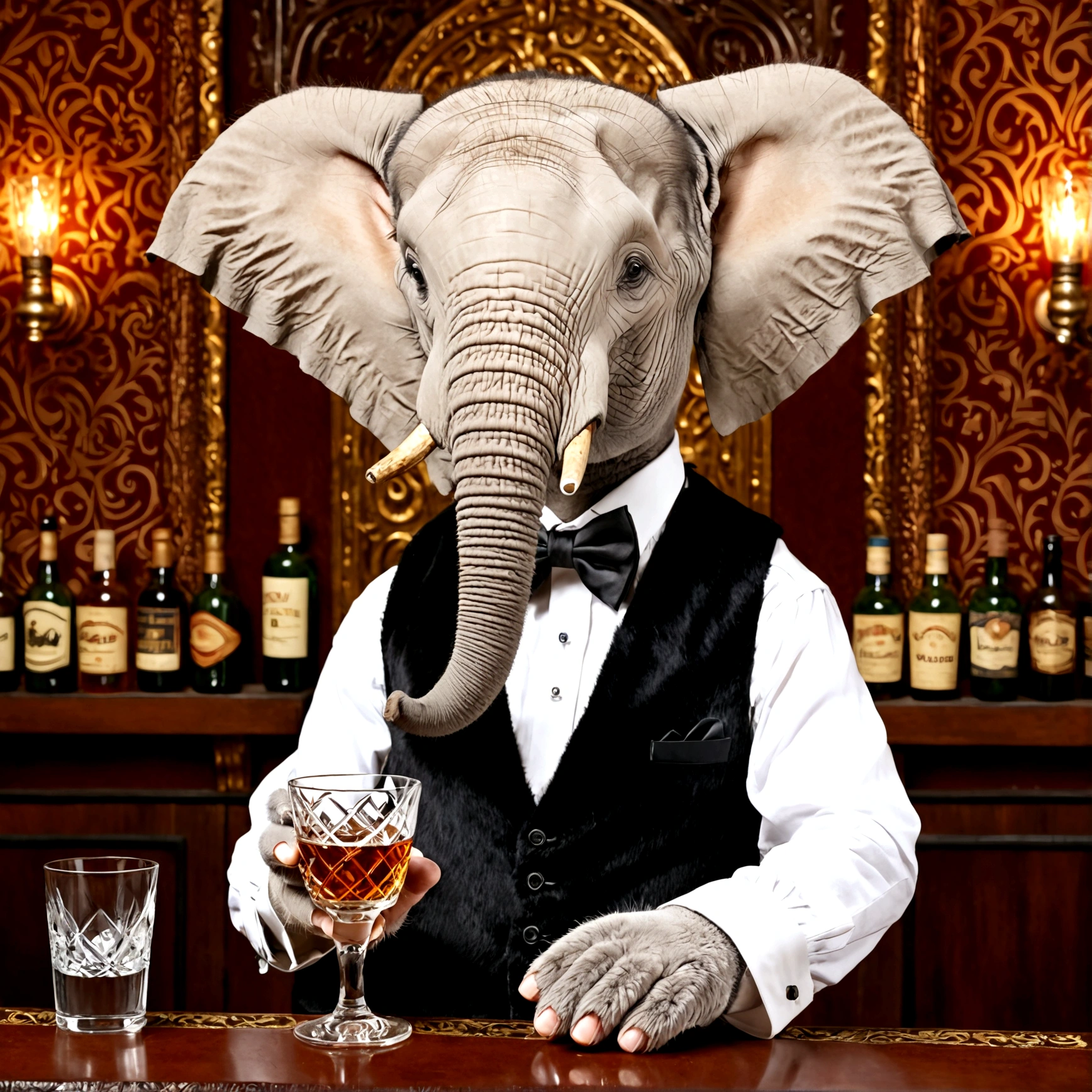 A watercolor painting of an elephant in a tuxedo holding a glass of champagne, on white, in the style of navy blue and gold, charming character illustrations, dark gold and navy blue, paint dripping technique, sophisticated expression, gigantic scale, UHD image.