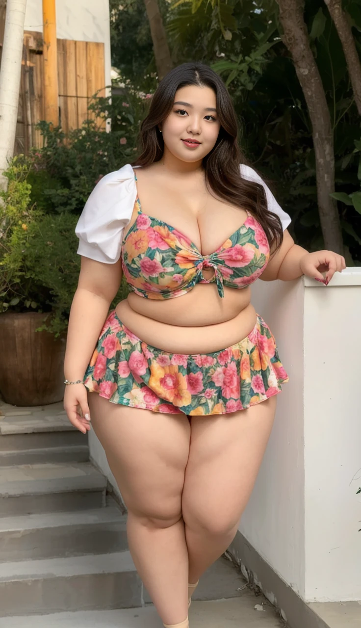 ((best quality)), ((masterpiece)), (detailed), perfect face, araffeTight skirtsShort , thicc, wavy short hair, she has a jiggly fat round belly, bbwchan, wearing tight simple clothes, skinny waist and thick hips, widest hips, her belly is fat and round, soft curvy shape, hyperrealistic full figure, wearing a cute top, wide hips, Blue swimsuit,On the beach by the seaBlue