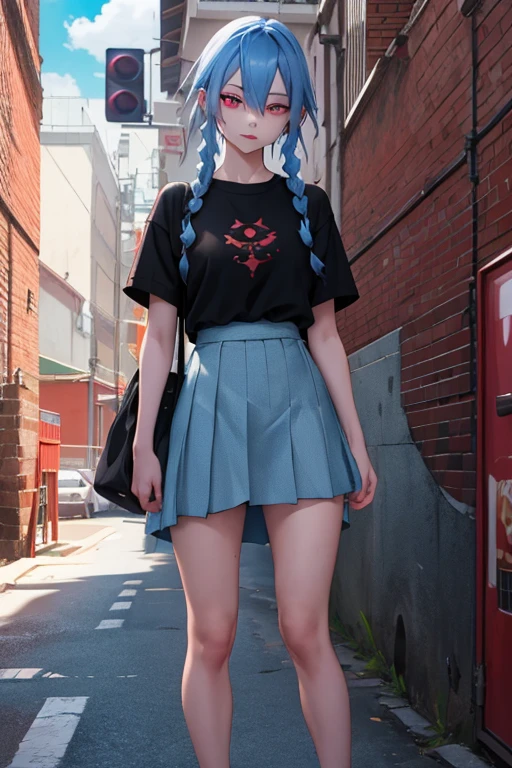 
Mysterious style, 1 Girl, JinxLol, Accidental exposure, Pleated Skirt,Bag, Blue Hair, Tattoos on the body, Cloud Tattoo, Long braids, Black shirt, Standing on the street, Tempting face, Hair covering one eye, red eyes nsfw,  ((masterpiece)), (best quality), 8K, Extremely detailed, absurd, best quality, Intricate details, Chromatic Aberration, 1 Girl, Sharp eyes, Against the wall, Brick Wall, Graffiti, glow, Neon,