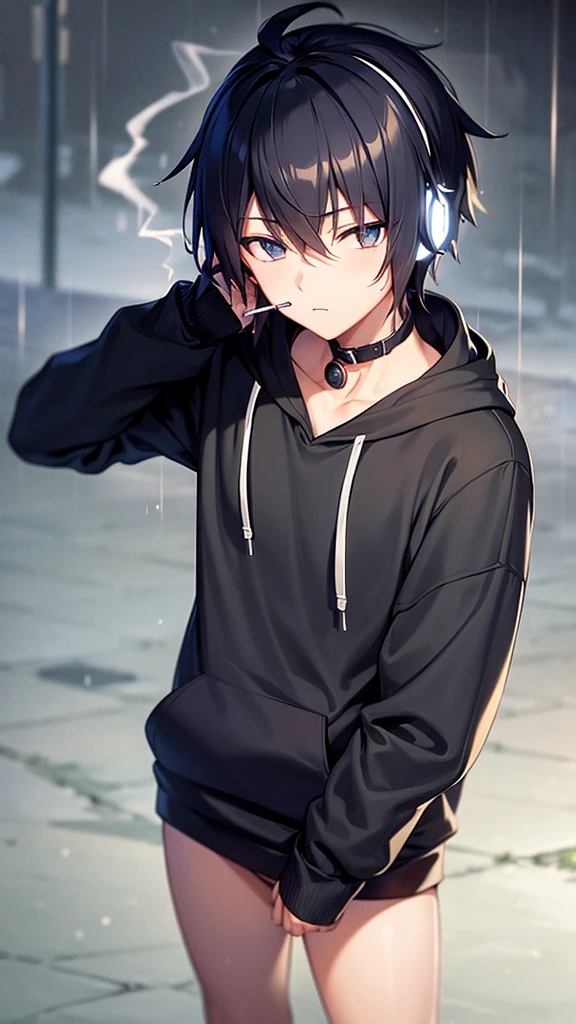 Anime boy wearing headphones smoking in the rain at night in the dark wearing a hoodie