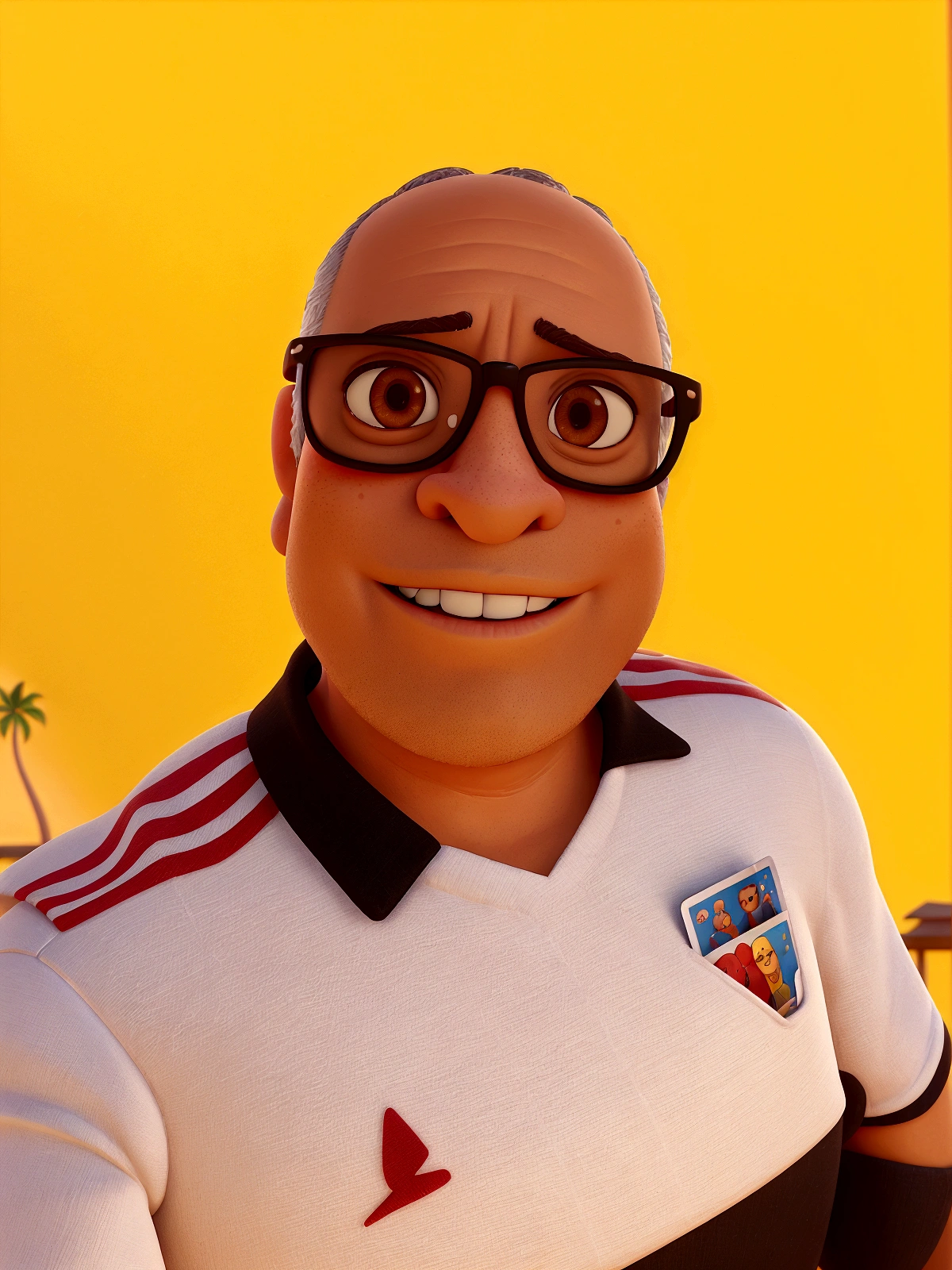 Soon you, 45 years old, with black glasses, Sao Paulo Futebol Clube shirt, a beach in the background on a sunny day, animation character, stylized character, animation style rendering, 3d stylized, Arnold Maya rendering, Stylized 3D rendering, toon render screenshot, 3d character, 3d character, Stylized 3D rendering, 3D character rendering, cartoon character, Personagem de close up, character posing, (Pixar-style) (master part:1.2) (bokeh) (best qualityer) (skin detailed) (detailed texture) (8K) (Argilla) (cinematic lighting) (sharp focus