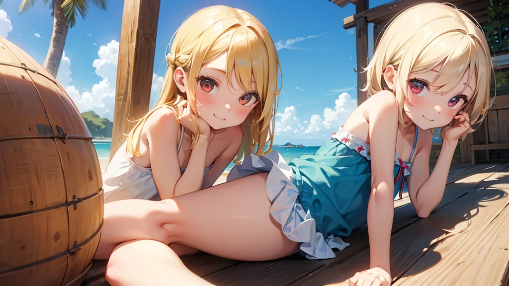 pretty girl, (Kid 1.3), cute, happy, blonde hair, Two-pronged, red eyes, gentle looking eyes, summer