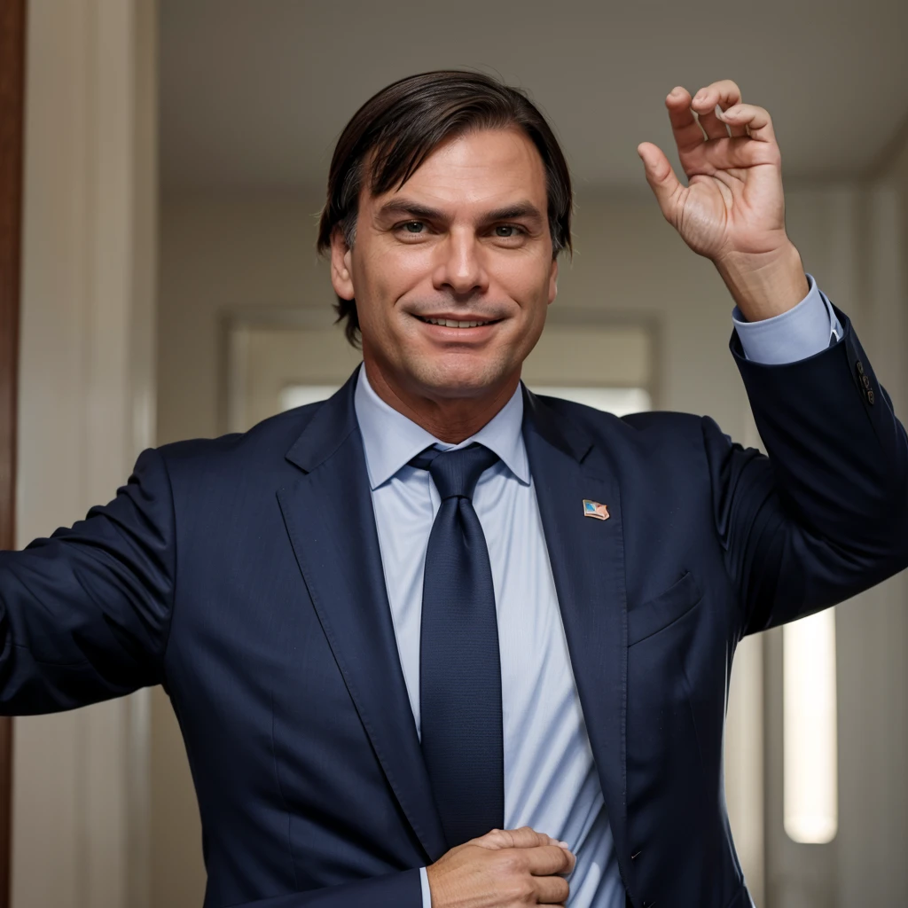 Bolsonaro smiling at the camera in a suit and tie