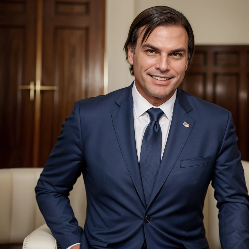 Bolsonaro smiling at the camera in a suit and tie 