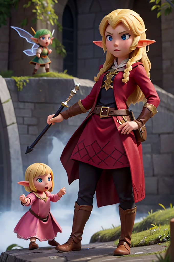 the two girls fought against the dark wizard, the first is a fairy and the other an elf, both blondes, fighting