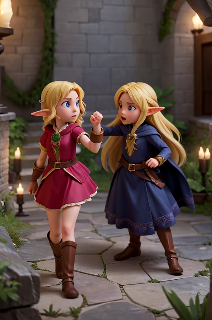 the two girls fought against the dark wizard, the first is a fairy and the other an elf, both blondes, fighting