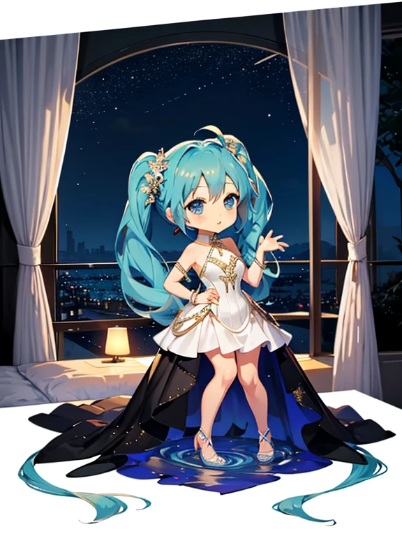(Evening Dress:1.5), Hatsune Miku, (chibi:1.5), full body, (masterpiece), highest quality