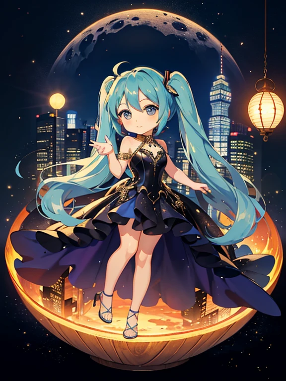 (Evening Dress:1.5), Hatsune Miku, (chibi:1.5), full body, (masterpiece), highest quality