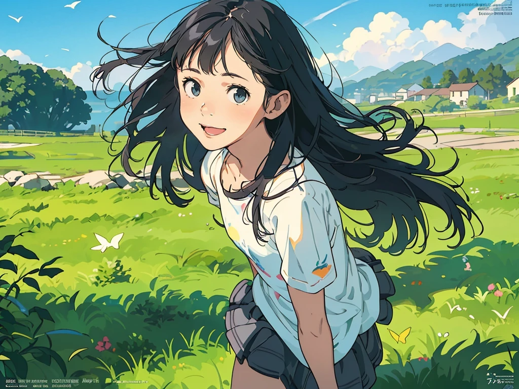 Reasonable design, Clear lines, High Sharpness, (Highest quality,4K,Perfect sharpness,Ultra-fine,High resolution,masterpiece:1.2), Perfect Anatomy:1.5, Official Art, Illustrations that tell a story, (Whitish background:0. 9）、Body Positivity、Diverse physical expressions、（(Random and energetic poses)）、Perfect beauty、Perfect beautiful face、(Strong winds)、Rich expressiveness、Dynamic configuration、smile、Golden ratio composition、colorful、（(Different angles and perspectives))、Anime Drawing Skirt、（Overcoming stereotypes）、 Glowing Skin、（Natural Beauty）、bangs、Straight hair、（Soft and flowing hair）、（countryside）、（Nostalgic atmosphere）、Put it on your feet、（Playful and easygoing）、（diverse characters）、（Graceful posture）、（Sunny atmosphere）、（Bright colors）、Inserted up to the thigh、Skirt fluttering in the wind、Angle from above,Timid girl、