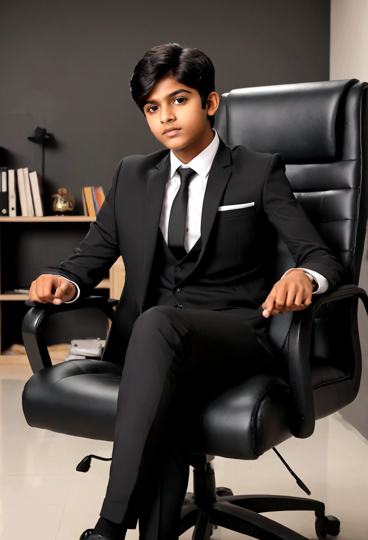 a 17 years old Indian bihari boy, honey skin, short black hair, wearing black suit & pant, sitting on black office chair, image fill, best quality, 1080P, HD, 16k, super detail