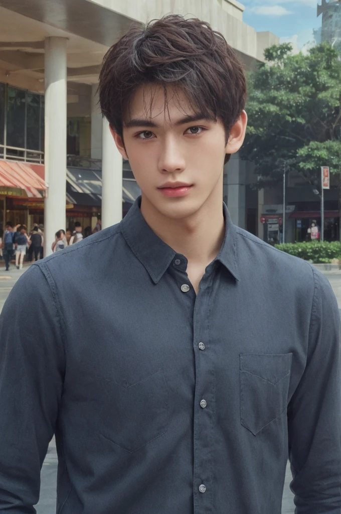 (masterpiece, top quality, best quality, official art, beautiful and aesthetic:1.2), boy, handsome, short hair, extreme detailed face, a handsome boy in casual clothes , highest detailed, (perfect face), shiny skin, HDR, extremely detailed surroundings, on the street entrance of the mall in the Philippines