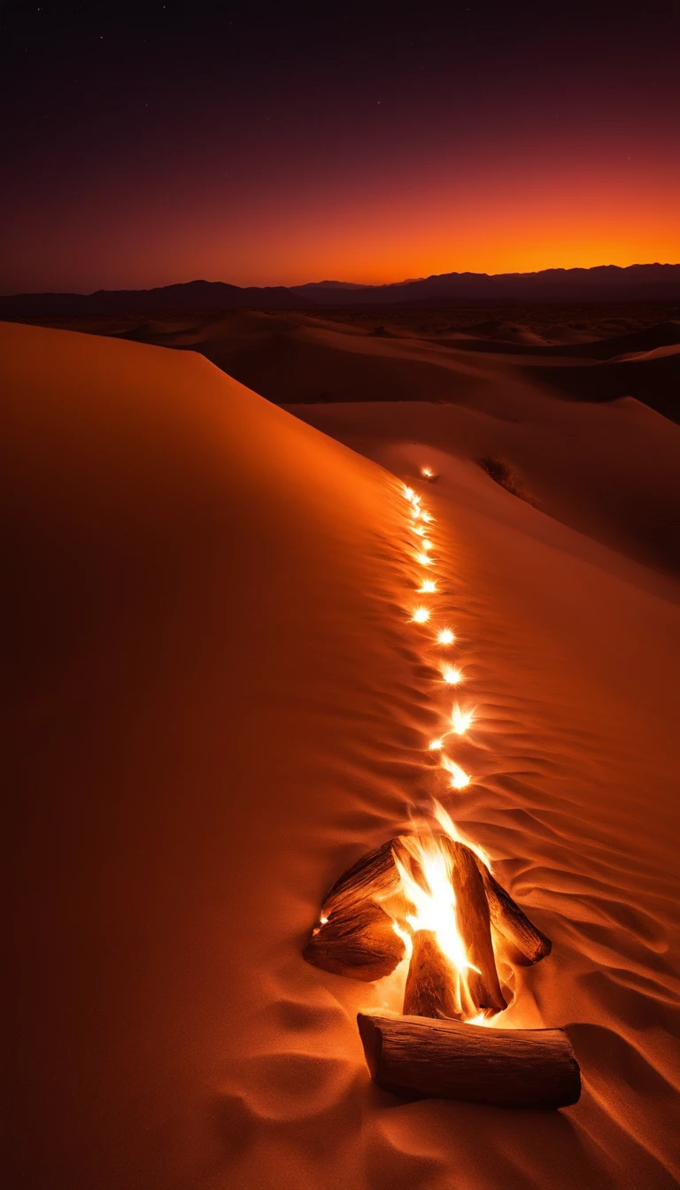 At night in the desert, a campfire is burning, casting a warm, flickering glow on the sand dunes under a starry sky