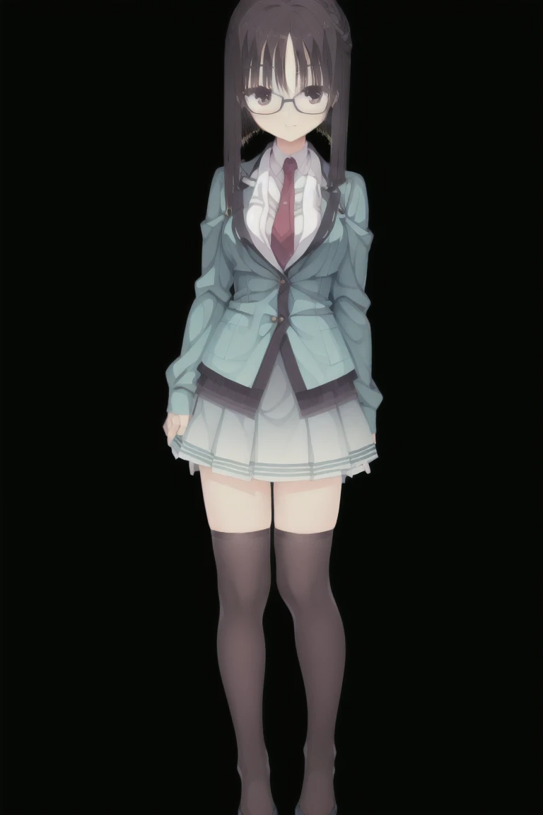 1girl,独奏,smiling, glasses, woman, brown hair, medium hair, blue y-shirts, navy pleated skirt, , medium breast, full body, full body, thigh-highs,Character portrait, whole body, expensive_solve, clear_image, expensive_Contrast, 8K, Sparkling, beautiful_detailed_face_and_eye, (Black Hair:1.25), 白 eye,Black background