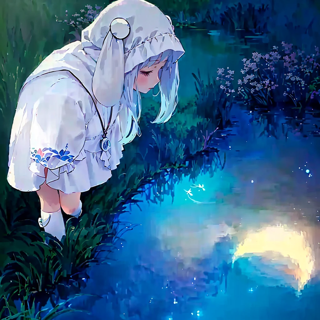 anime girl in white dress looking at a small pond, a beautiful artwork illustration, calm night. digital illustration, dreamy illustration, soft anime illustration, dreamy psychedelic anime, inspired by Tosa Mitsuoki, digital art on pixiv, anime girl walking on water, anime fantasy illustration, cute detailed digital art, blurry and dreamy illustration, cozy night fireflies