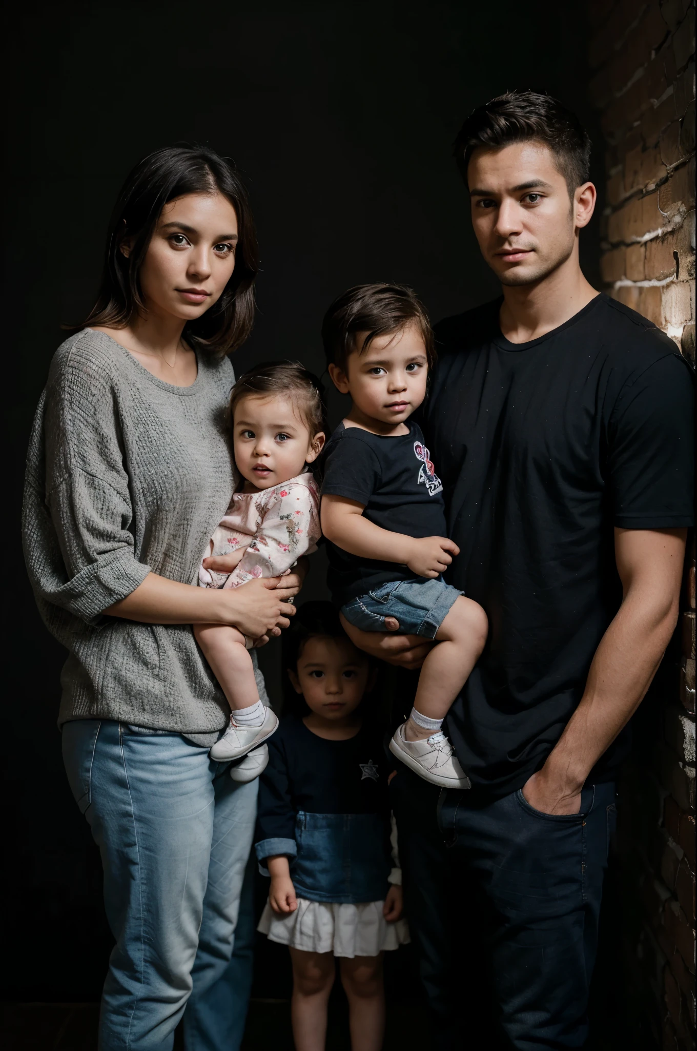 A man aged 30 & a woman with a 4 son and a 2 year oldr , wearing modern clothes this year, on a dark background ,Please shine a little