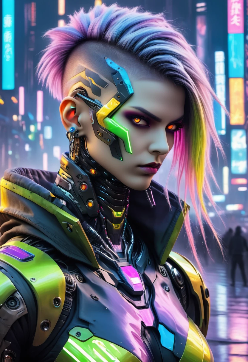 Unbeatable masterpiece, Ultra-photorealism, Perfect artwork, Intricate details, Highest quality, Strong light,High Contrast,((Post apocalyptic futuristic cyber punk , overview):1.35) , ((masterpiece)),((Very detailed)) , ((Highly detailed and beautiful face)) , Smokey Makeup, Perfect composition , Intricate details , Neon Light , Neon Trim, (Esbian all over:1.25) , (Official Art) , とても繊細で美しいcyber punkガール, Long iridescent hair fluttering in the wind, bright yellow eyes, Long and fine eyelashes, Huge、非常にHuge , I can see her cleavage, Wearing highly detailed futuristic hooded combat armor, Lots of tattoos and piercings(One girl:1.3) , alone , (Glass Screen:1.2) , (Transparent glass) , Tyndall effect , colorful refraction , Visual impact , (High light contrast) , colorful , melt , (cyber punk:1.2) ,(Falter :1.4) ,