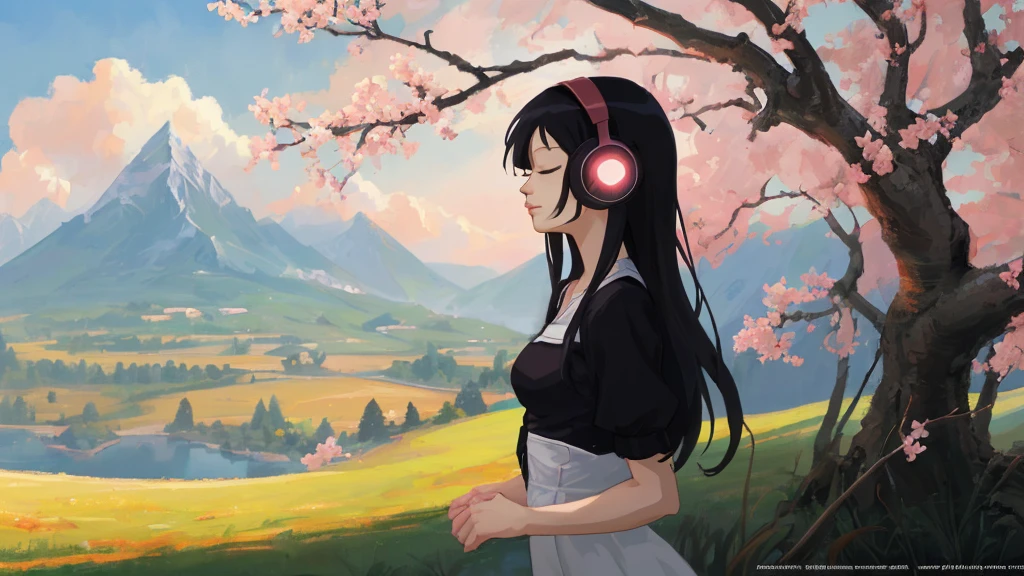 Anime girl with headphones and a cherry tree in the background sam yang, 1girl, black hair, breasts, closed eyes, closed mouth, day, grass, headphones, lips, long hair, mountain, outdoors, profile, shadow, small breasts, solo, tree , ((masterpiece)) anime background art, amazing wallpaper, background art, hd wallpaper, relaxing concept art, beautiful wallpaper, high quality desktop wallpaper, background artwork, pc wallpaper, anime background, wallpaper hd, 8K image quality, Masterpiece