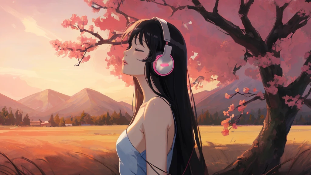 Anime girl with headphones and a cherry tree in the background sam yang, 1girl, black hair, breasts, closed eyes, closed mouth, day, grass, headphones, lips, long hair, mountain, outdoors, profile, shadow, small breasts, solo, tree , ((masterpiece)) anime background art, amazing wallpaper, background art, hd wallpaper, relaxing concept art, beautiful wallpaper, high quality desktop wallpaper, background artwork, pc wallpaper, anime background, wallpaper hd, 8K image quality, Masterpiece
