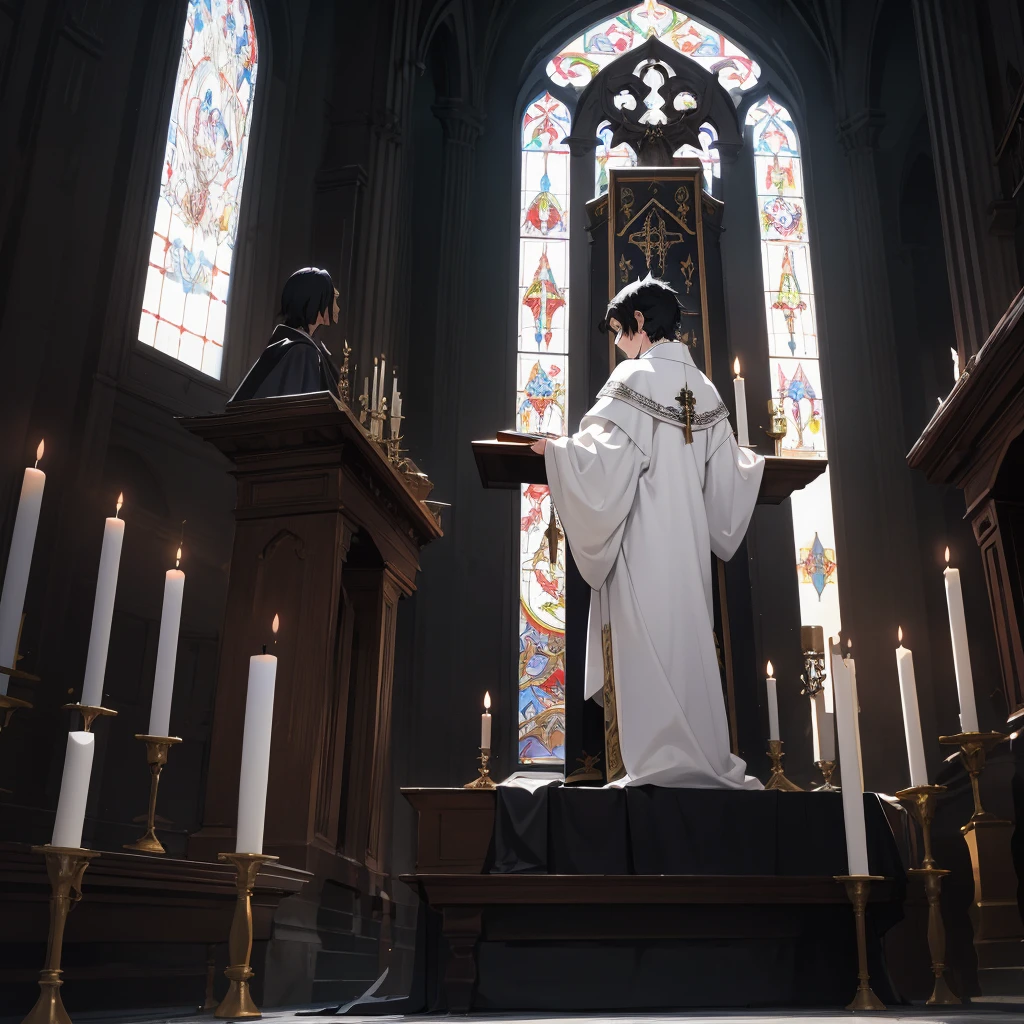 back view black hair boy with white medieval outfit in the satanic altar