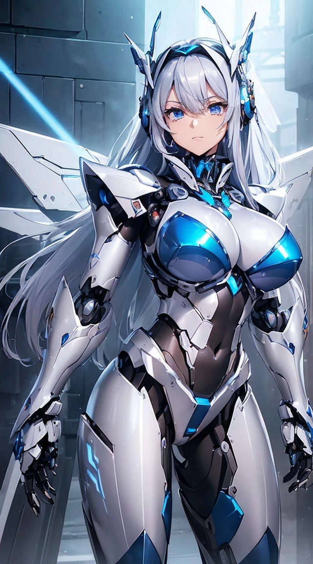 ((Intense action pose:1.6))、((Shining lenses on both breasts:1.3))、((Blue pillars of light are emanating from both chests.:1.3))、smile、((8K)), ((32k)), ((Highest quality)), ((masterpiece)), ((超A high resolution)), ((Tmasterpiece)), ((Halation:1.4))、((Mechaニカルheadgear:1.2))、((Cyber headphones:1.3))、Fine skin, High quality fabric, Fine metal texture、((Beautiful and dense face))、RAW Photos、Professional, Ultra-fine painting, ((alone)), Beautiful breasts、Highest quality, Very detailed, Very detailed詳細, Finer details, so beautiful, ((Princess Knight Robot:1.2)), (Joints of machines, Mechanical Limbs:1.3), (The internal structure of the machine is exposed:1.3), (Long silver hair:1.1), (Beautiful and huge mechanical breasts)、White Veil, cowboy_shot, Side Focus, headgear, Shiny、(Five Fingers, Four fingers and thumb),Concept Art, Anime fantasy artwork, Detailed fantasy art, (with pale blue-violet hair and large white wings,,,,,,,), (((Long silver hair))), (Mecha:1.6)、Sleek and intimidating design, ((Commander-in-Chief'arm)), (Perfect robot body)、純白と青紫armまたは, Symmetrical wings, 8K high quality, detailed art, 3D rendering of character art in 8K, neat legs, Defined, Defined fingers,